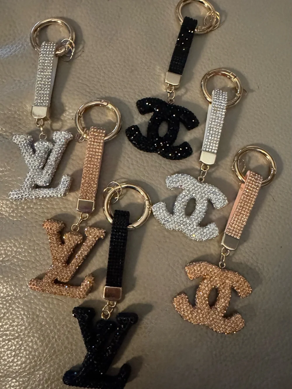 Designer-Inspired Crystal Logo Keychain,Black, Silver, Rose Gold. $12 each/2/$20